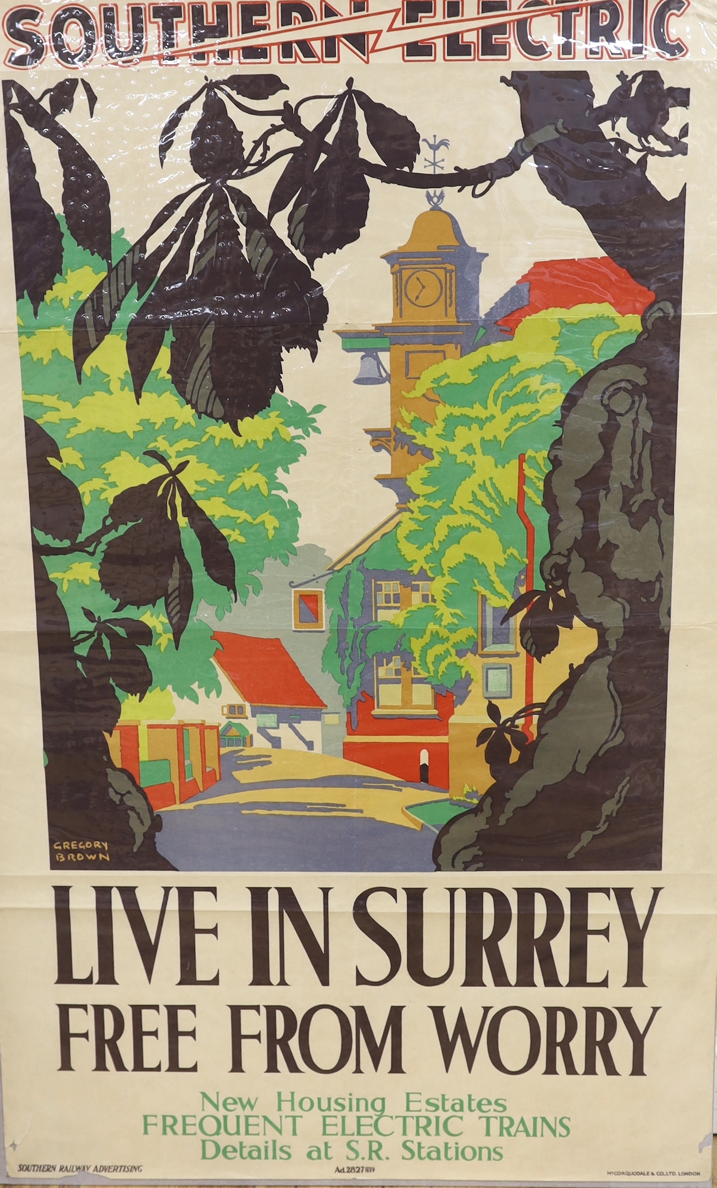 Gregory Brown (1887-1941), lithographic poster for Southern Railways, 'Live in Surrey, Free from Worry', 1934, 101.5 x 63cm